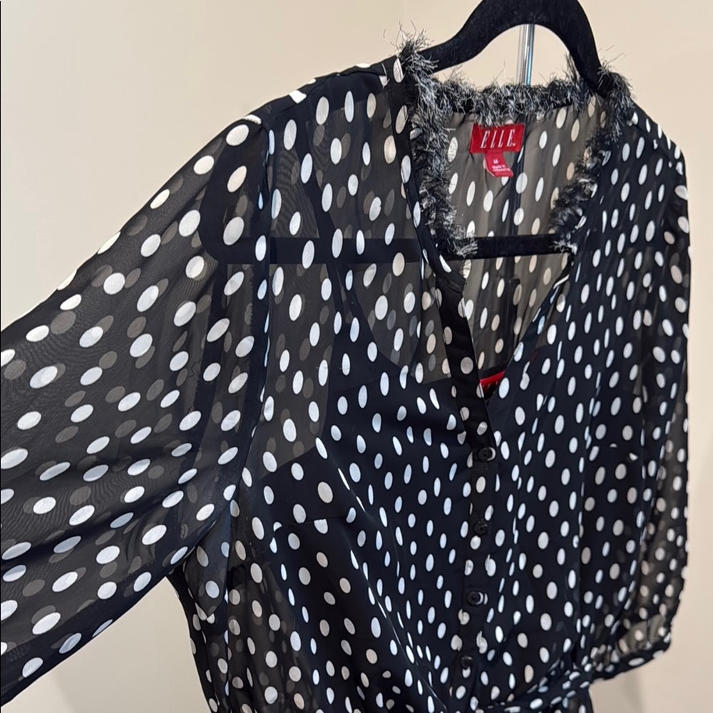 Elle Sheer Black and White Polka Dot Blouse - Picture 3 of 4